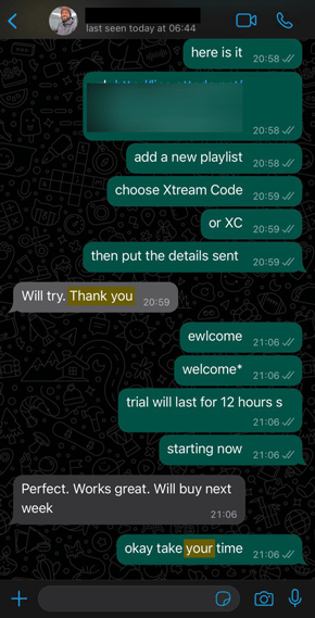 WhatsApp customer review showing satisfied IPTV user